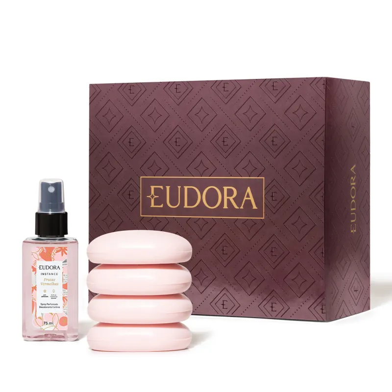 Kit Eudora Frutas Vermelhas com 1 Spray Perfumado 75ml e 4 Sabonetes em Barra de 80g cada