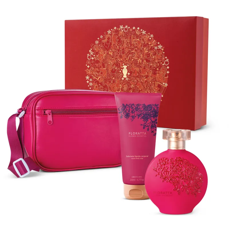 Kit Floratta Flores Secretas com Colônia 75ml + Sabonete Líquido 200ml + Bolsa Pink