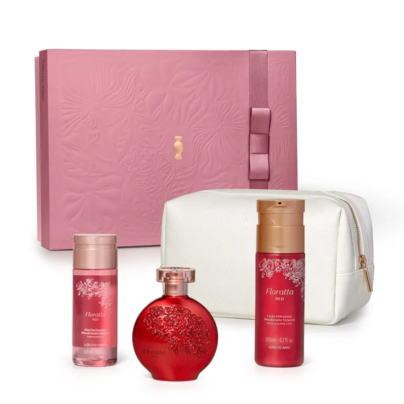 Kit Floratta Red com Colônia 75ml + Hidratante Corporal 200ml + Óleo Corporal 150ml + Nécessaire Off White