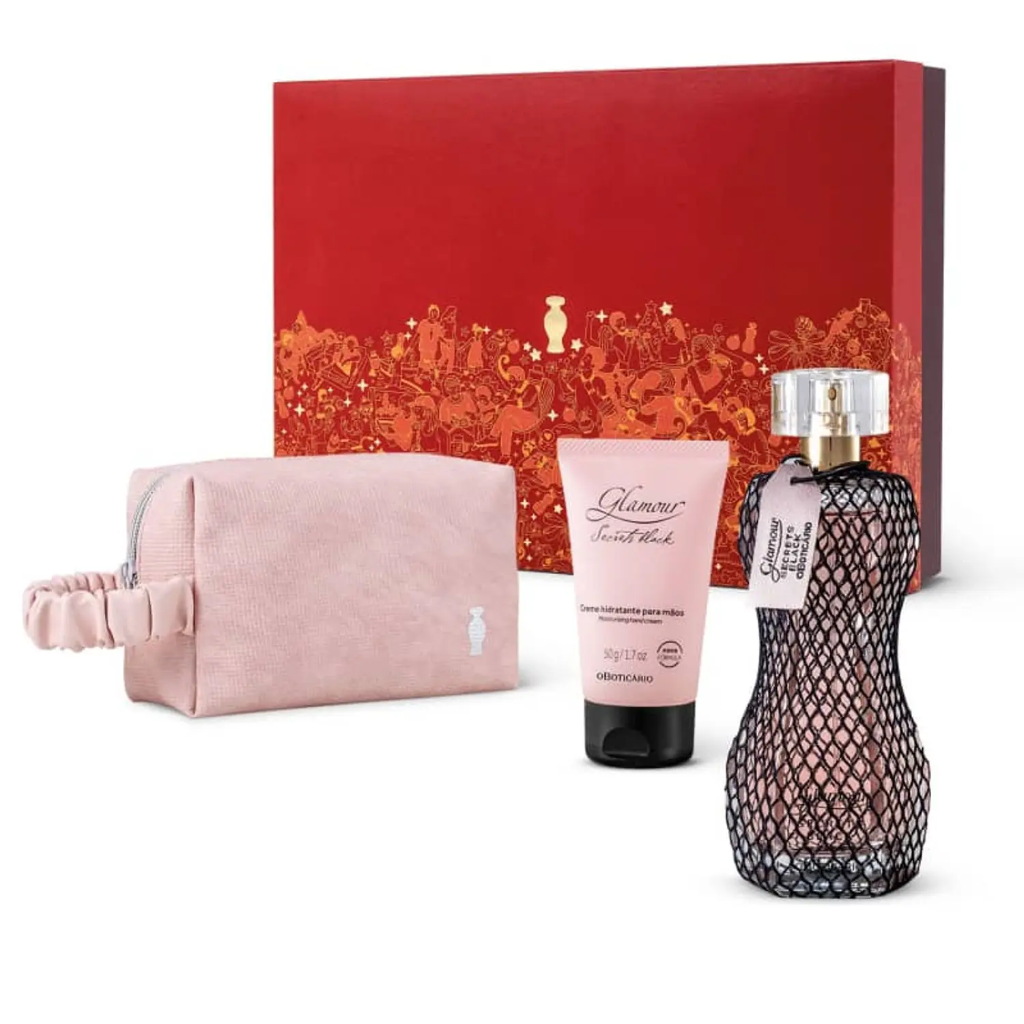 Kit Glamour Secrets Black com Colônia 75ml + Creme de Mãos 50g + Necessaire Rosa Alça Franzida