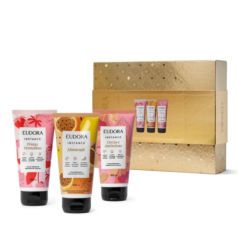 Kit Instance com 3 Hidratantes 180ml cada Frutas Vermelhas/ Maracujá/ Cereja e Amêndoas