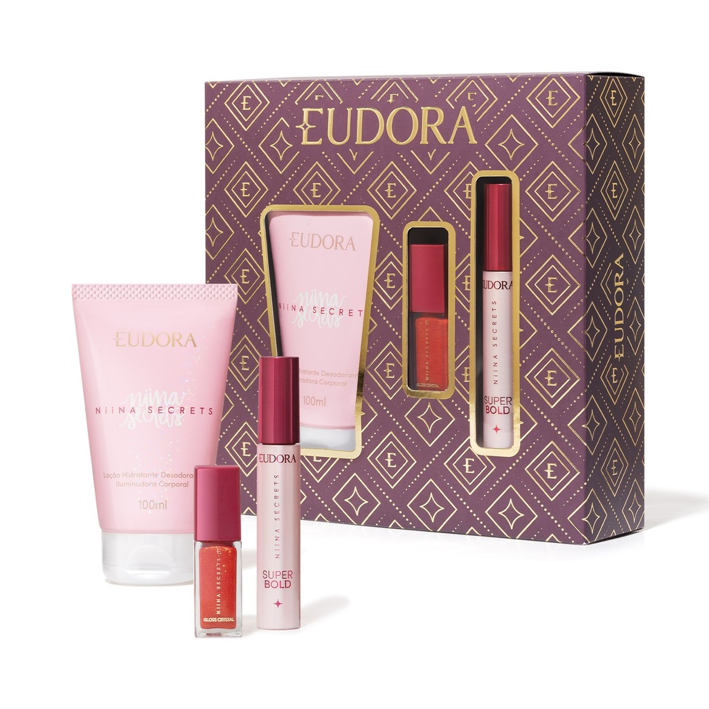 Kit Niina Secrets Hidratante Corporal Iluminador 100ml + Gloss Crystal 7ml + Máscara para Cílios Super Bold 10g